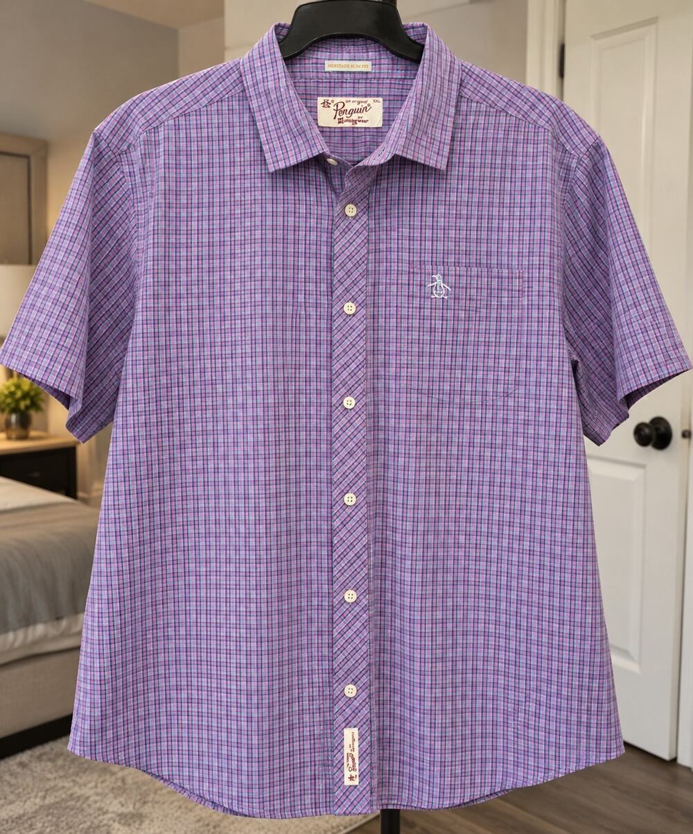 Original Penguin Shirt Mens XXL Heritage Slim Fit Plaid Blue Teal Short Sleeve